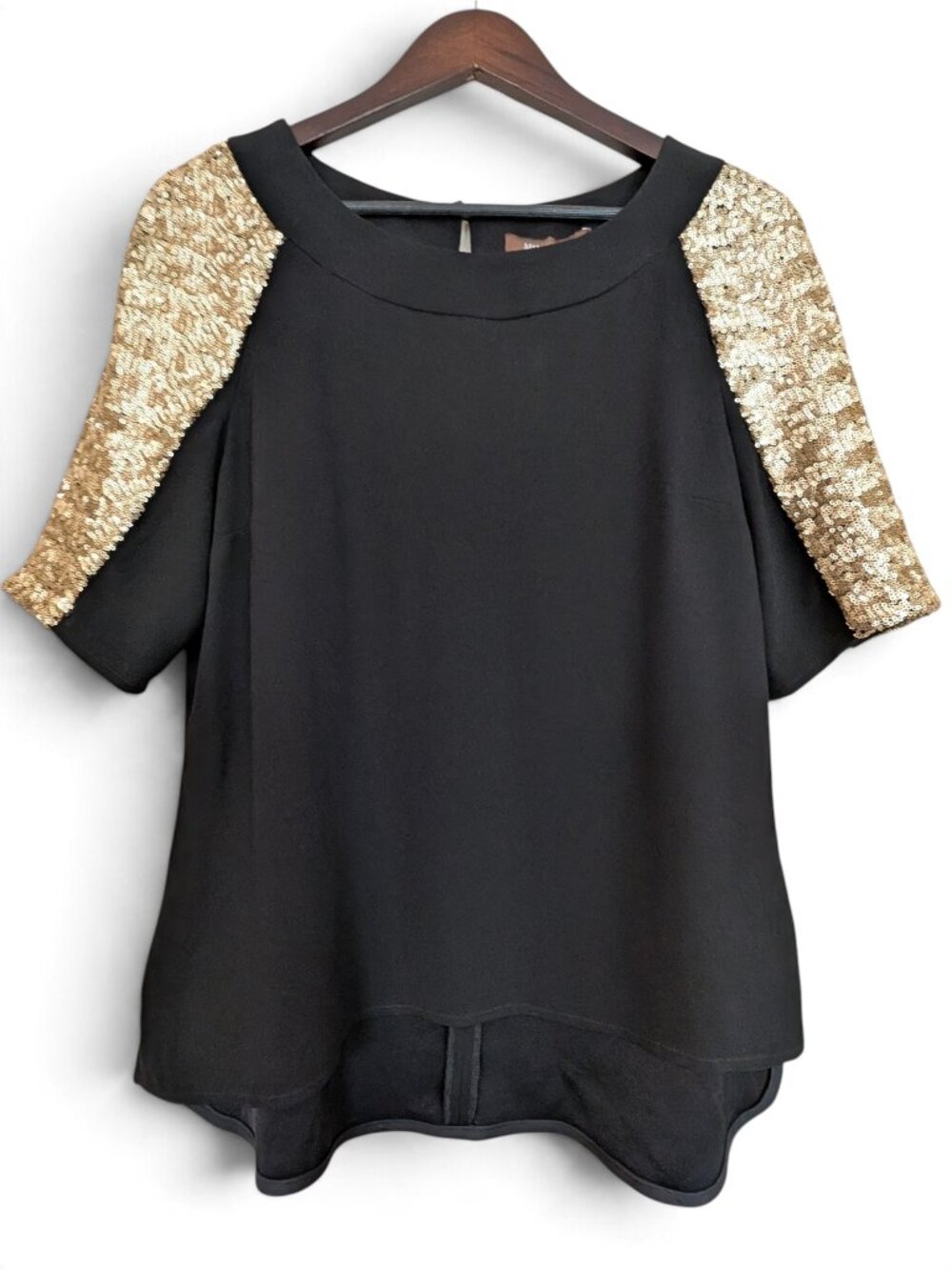 Melanie Lyne Black Gold Sequin Sleeve Holiday Party Top Blouse L NWT